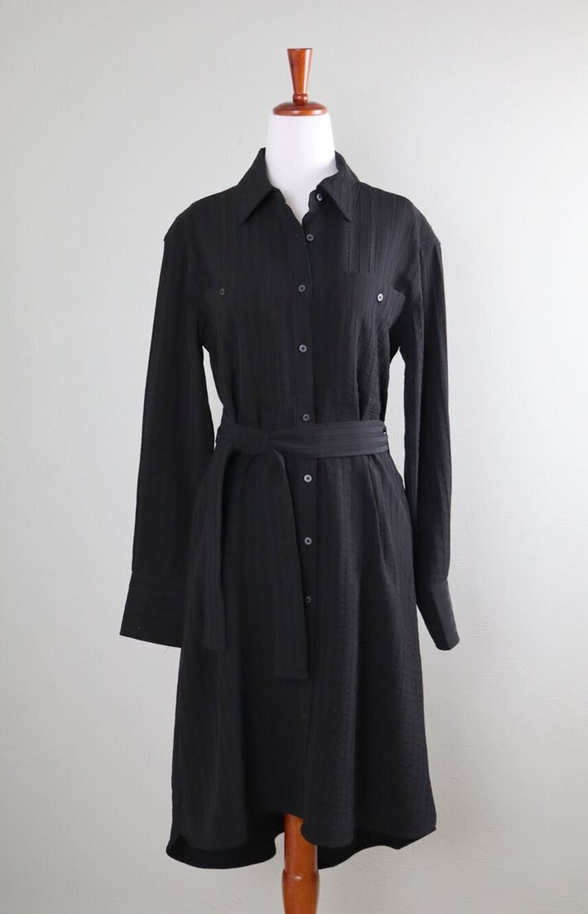 EVERLANE NWT Textured Striped Bow Belted Midi Shirt Dress in Black Size XS